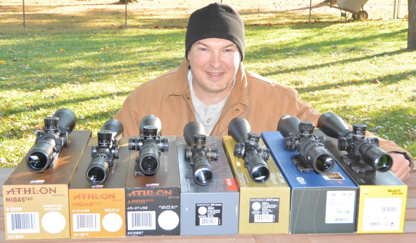 All seven sub $1K FFP mil/mil long range precision rifle scopes. S-TAC is 3rd from the right.