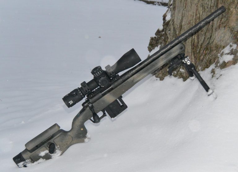 Vudoo V-22 with Proof Carbon Barrel, Atlas CAL Bipod, and Zero Compromise ZC420 in a Grayboe Phoenix stock looking pretty in the snow