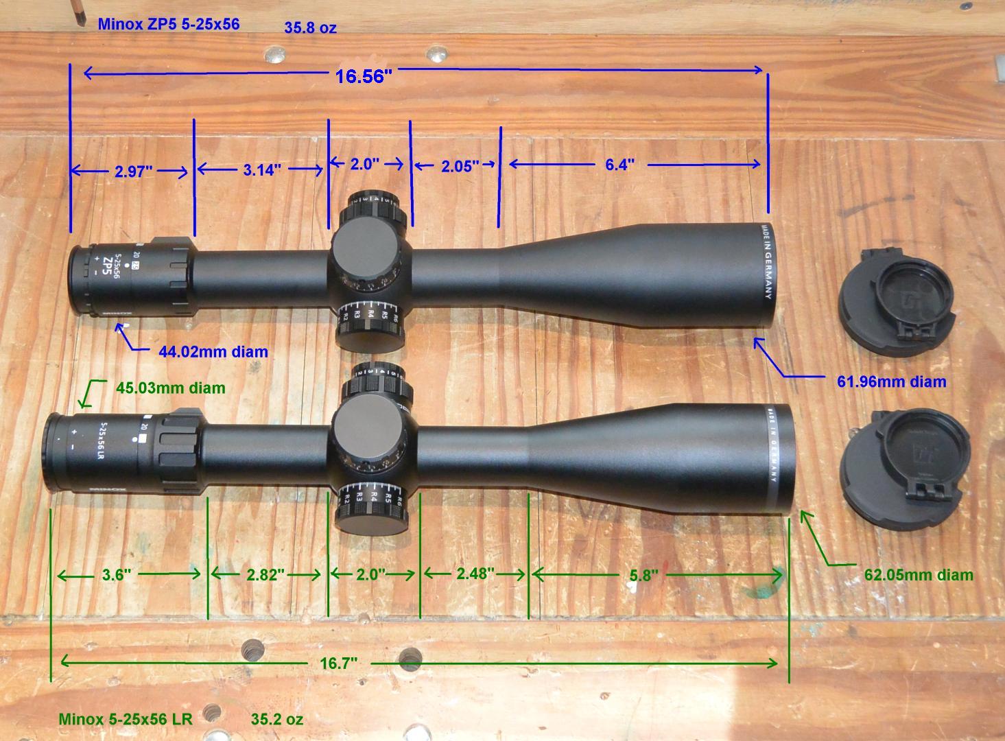 Comparing the dimensions of the Minox ZP5 5-25x56 and the Minox 5-25x56 LR