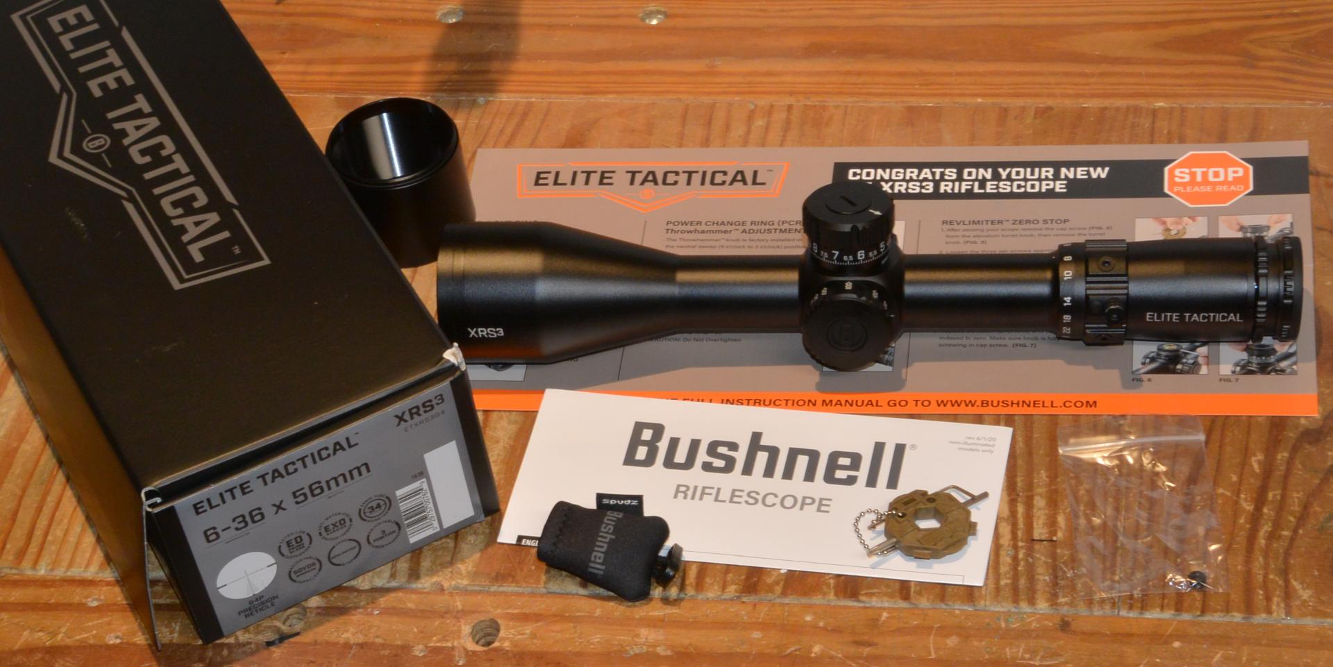 Bushnell Elite Tactical XRS3 6-36x56mm unboxing. Extras included with the scope are a short sunshade, lens cloth, keychain tool, and removable throw lever.