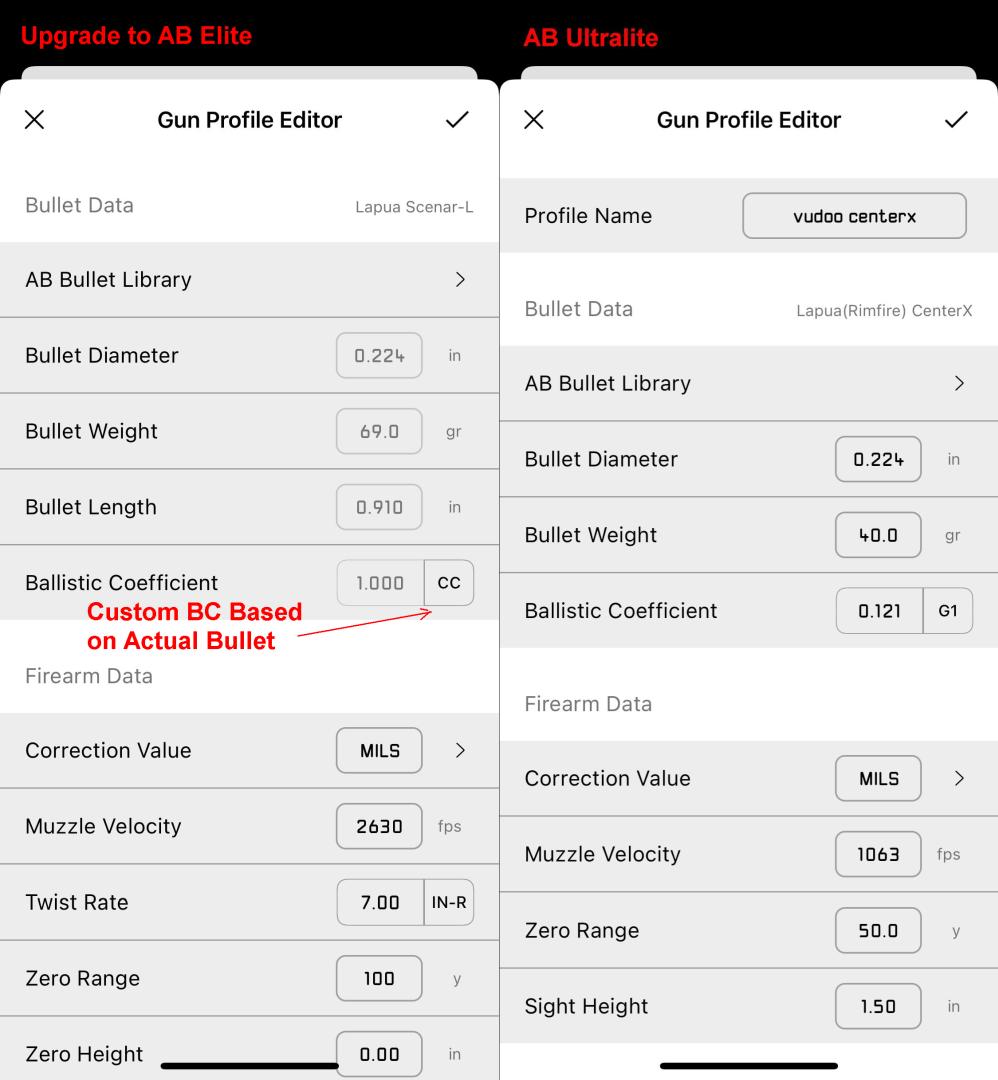 Leica Balistic App Profile Creation Page, Elite vs. Ultralight 