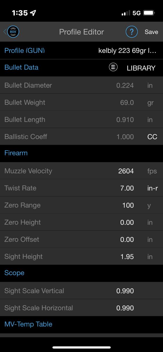 Applied Ballistics Elite Profile Creation Screen in the Sig BDX app