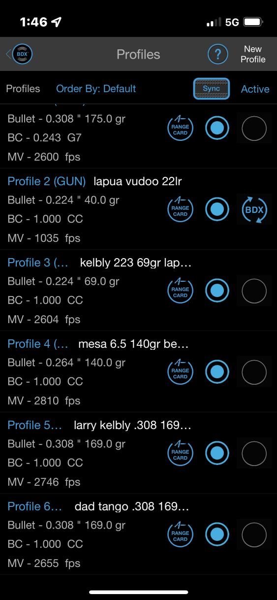 Sig BDX Ballistic Profile Management Screen