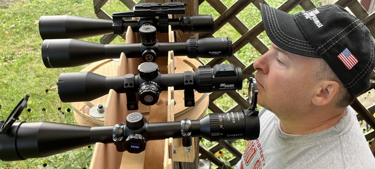 Optical testing lineup from bottom to top: Zeiss Conquest 4.5-14x44, Sig Sierra6 BDX 3-18x44, Athlon Midas TAC 6-24x50, Sightron PLR FFP 6-24x50