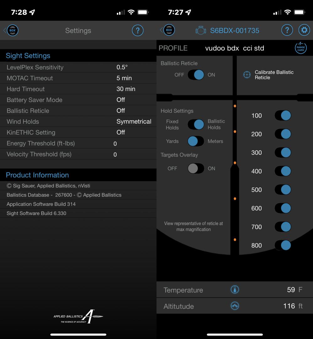 The Sight Settings Selection Screens in the Sig BDX App