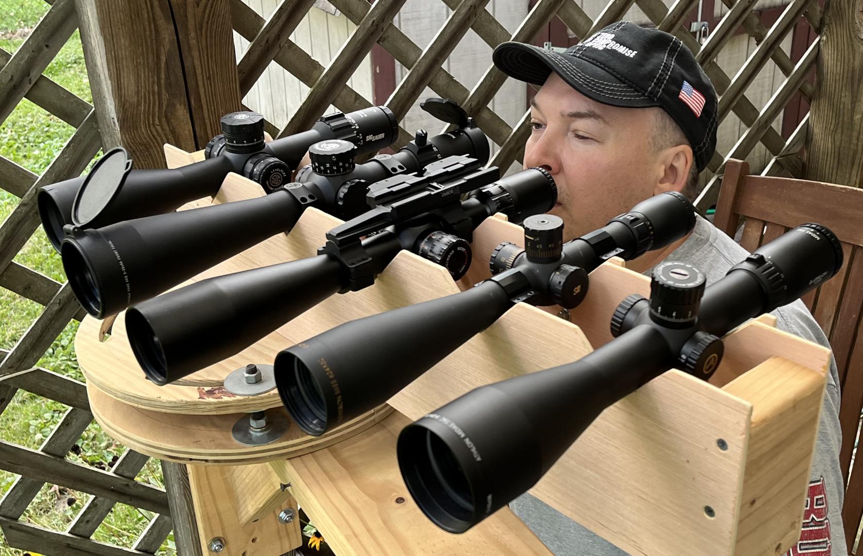 One of the optical test lineups. From left to right: Sig Tango 6 5-30x56, Leupold Mark 5HD 5-25x56, Sightron SIII PLR FFP, Sightron SIIISS624x50LRFFP/MH, Athlon Midas TAC 5-25x56