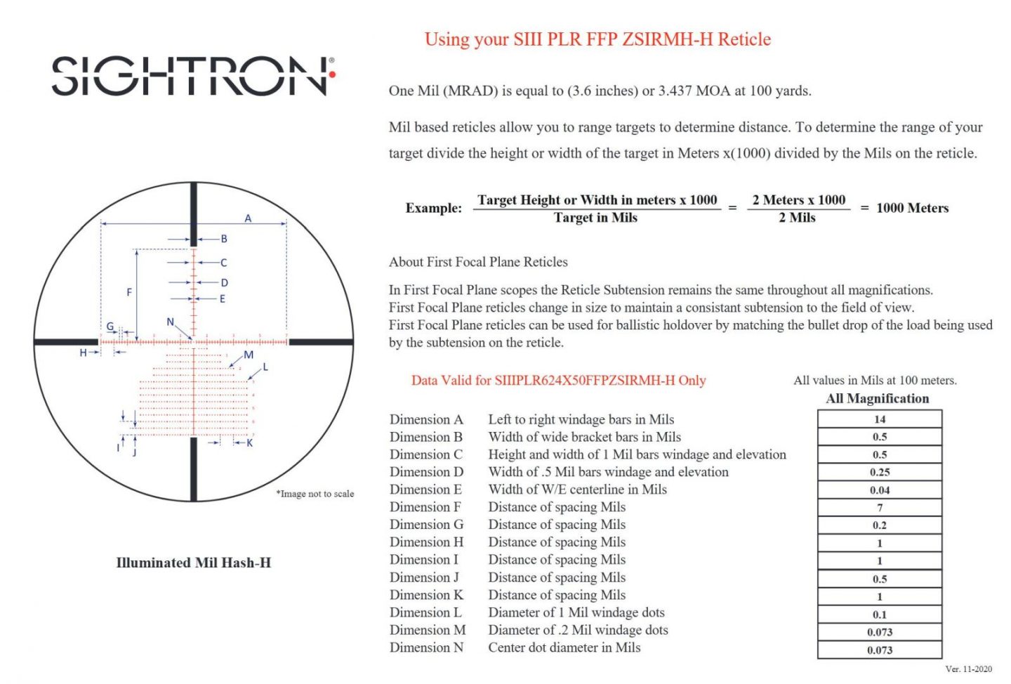 The dimensioned reticle diagram for the MH-H IR mil reticle included with the Sightron PLR FFP 6-24x50 ZS