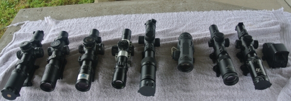 All of the scopes to be compared in the speed testing 
