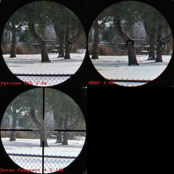 Optisan CX6 with mudskipper 3 reticle and comparison optics at 6x focused on a tree line at 100 yards