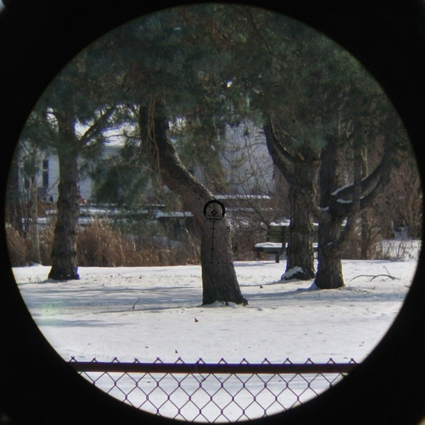 Optisan CX6 with Mudskipper 3 reticle at 6x focused on a tree line at 100 yards