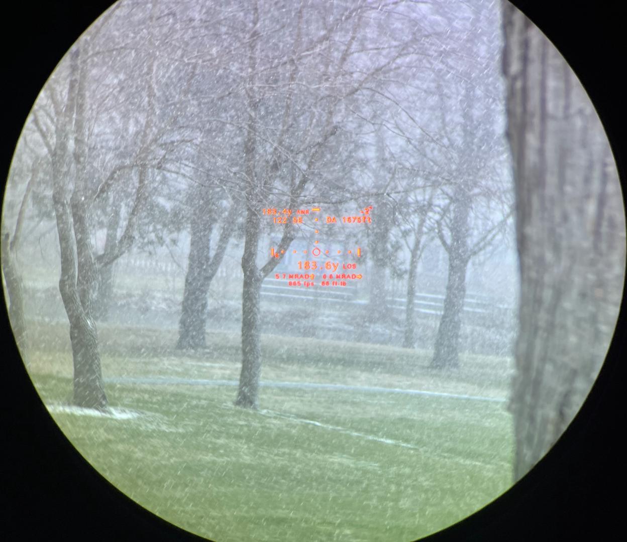 Sig 10k’s in fog mode ranging an outdoor display board in moderate snow.