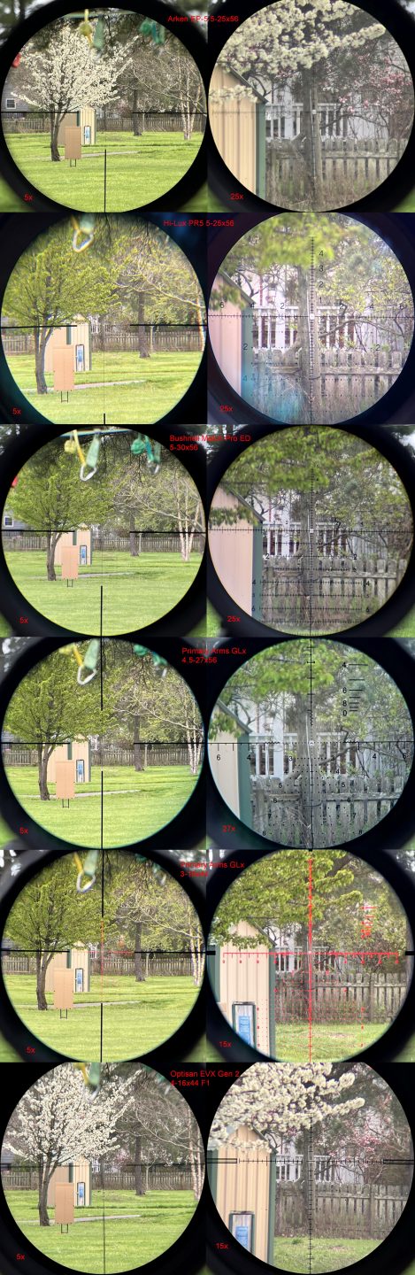 Field of view comparison with this year’s sub-$1K long range rifle scopes from top to bottom: Arken EP-5 5-2556, Hi-Lux PR5 5-25x56, Bushnell Match Pro ED 5-30x56, Primary Arms GLX 4.5-47x56, Primary Arms GLX 3-18x44, and Optisan EVX Gen 2 4-16x44 F1