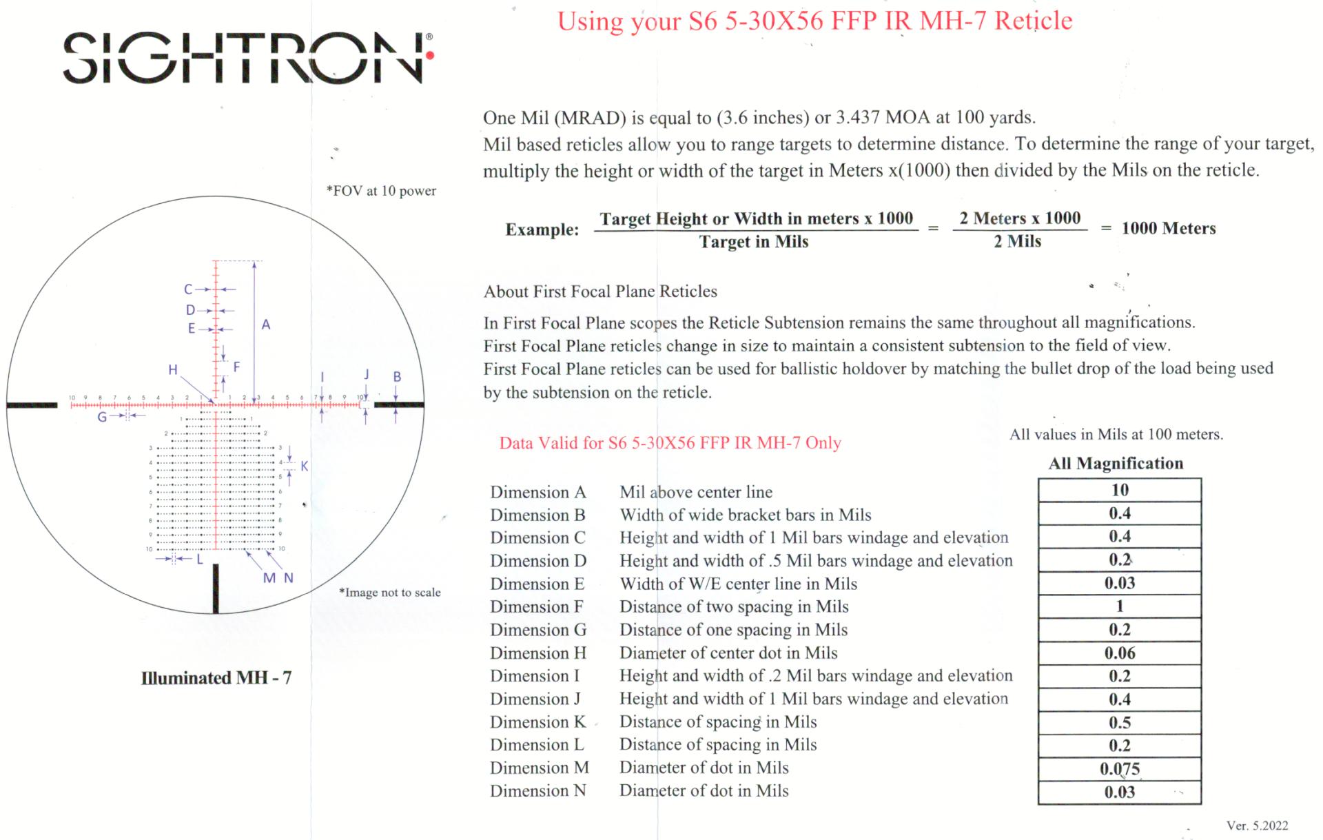 The dimensioned reticle diagram for the MH-7 mil reticle included with the Sightron S6 5-30x56 FFP IR