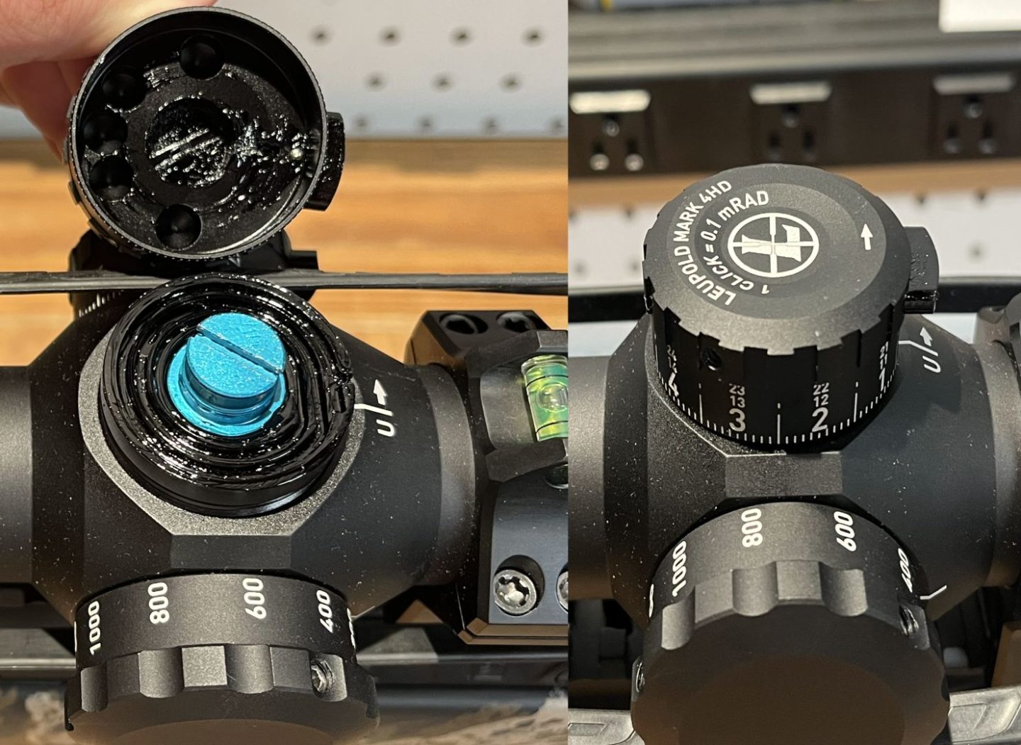 Leupold Mark4 HD 4.5-18x52 M5C3 elevation knob with turret cap removed showing how its lock and zero stop mechanism works.