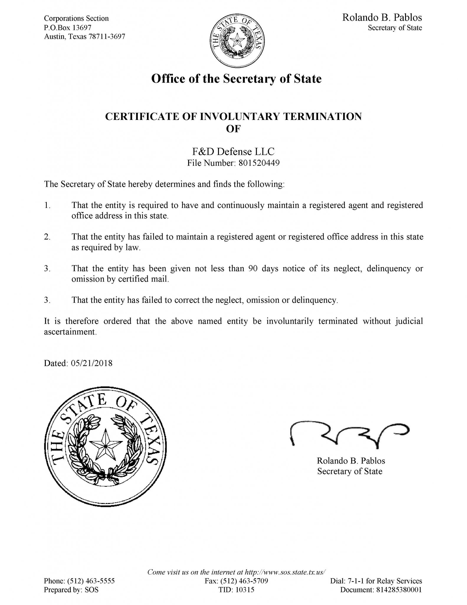F&D Defense LLC Texas Entity Termination Certificate.jpg